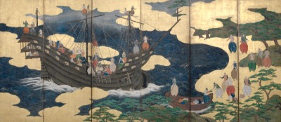 「南蛮人来朝之図」　作者不詳　１６００年ごろ、　縦１６８×総横３９０センチ×２　国認定重要美術品