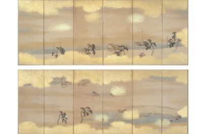 呉春「海辺山水図」江戸時代中期～後期　紙本着色　屛風六曲一双　右隻96.7×280.3センチ<br />左隻96.5×280.7センチ