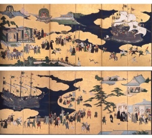 「南風屛風」上　左隻 下　右隻 いずれも狩野内膳 縦１５４．５×横３６３．２センチ　１６世紀末～１７世紀初期　重要文化財
